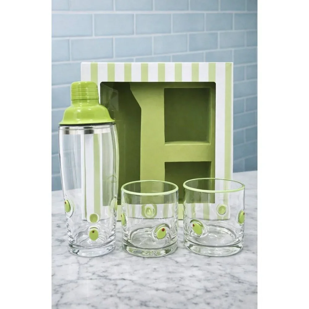 New Glass Blown Olives Martini Cocktail Shaker W/ 2 Glasses Barware Tumbler Set